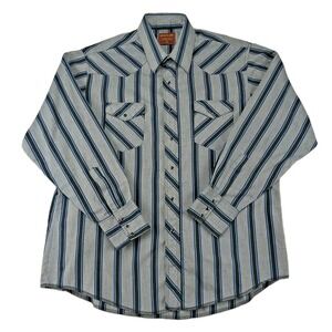 Rustler Mens XL Long Tails Western Pearl Snap Shirt Gray Blue Striped 17.5 34/35